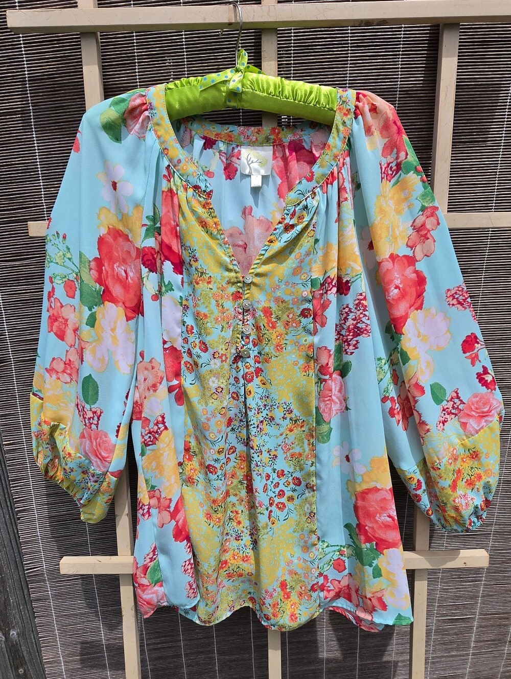 Fig & Flower Floral Blouse Boho Sheer 3/4 Sleeve Colorful Top Large